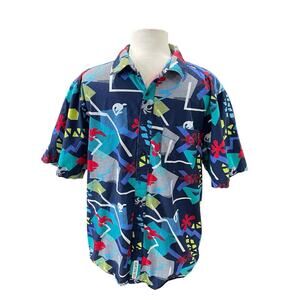 VTG Kavu Navy Blue Retro Geometric Print Button-Front Cotton Shirt XL